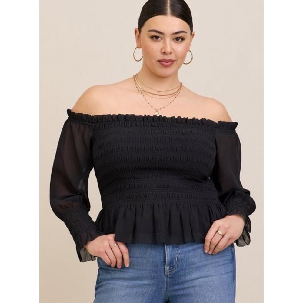 Torrid Black Chiffon Smocked Off The Shoulder Peplum Top Size 2 Plus‎ 2X